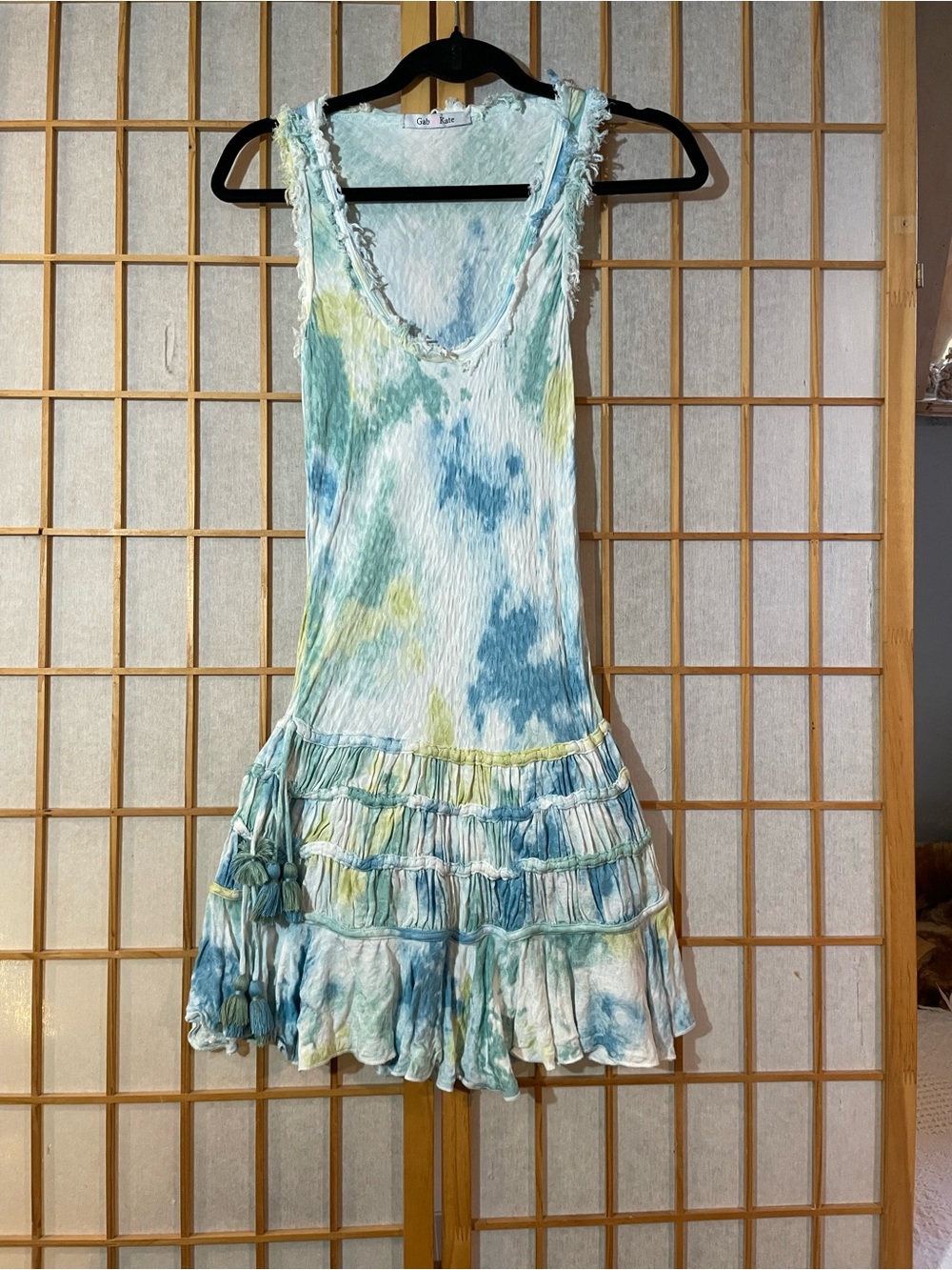Gab & Kate Tie-Dye Crinkle Mini Dress – Blue & Yellow Ruffle Drop Waist